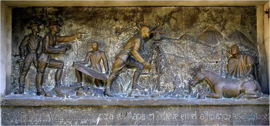 Bajo relieve del gran escultor Rodolfo Galeotti Torres que representa al ingeniero Francisco Vela realizando mediciones de campo para la realización del mapa en relieve. (Fuente: Skyscrapercity, foro de la ciudad de Guatemala).