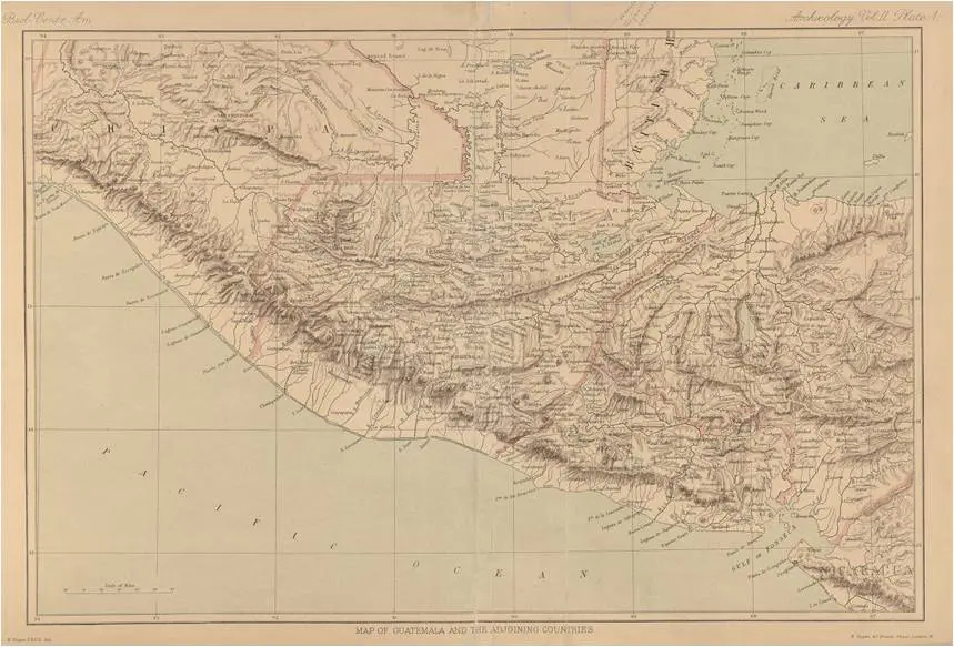 Mapa de Guatemala incluido en el tomo V de Arqueología de la Biología Centrali Americana, publicados en Londres entre 1889 y 1902. Este mapa acompaña los textos de Alfred Maudslay que explican los cuatro tomos del Atlas arqueológico. (Fuente: Harvard University Library).