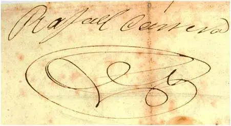 Firma del Presidente Vitalicio Rafael Carrera Turcios. Tal y como se puede apreciar en esta imagen, su firma era bastante clara, desmintiendo la leyenda popular de que firmaba como “Racarraca”.