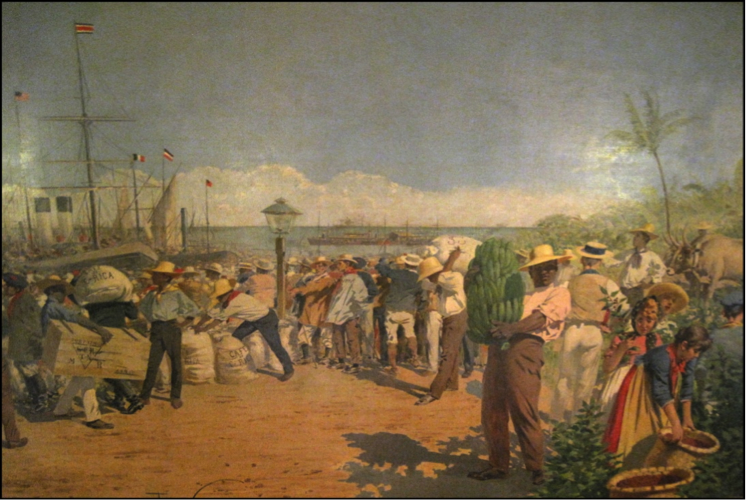 “Alegoría del café y del banano”, del pintor milanés Aleandro Villa, aunque en otros documentos aparece citado como José Villa. La pintura corona las dos escaleras de mármol que suben al Foyer del segundo nivel. (Fotografía RF).