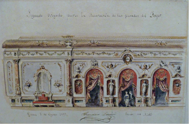 Acuarela sobre cartulina. Esbozo del lujoso Foyer del Teatro Nacional, en el segundo nivel, en el centro aparece la firma de su autor, Francisco Durini. El diseño del teatro le valió elogios en la prensa costarricense, como el que recoge Quesada Avendaño, publicado en las páginas de Prensa Libre, en 1900, en el que se le calificaba de revolucionario por introducir el renacimiento arquitectónico en San José.